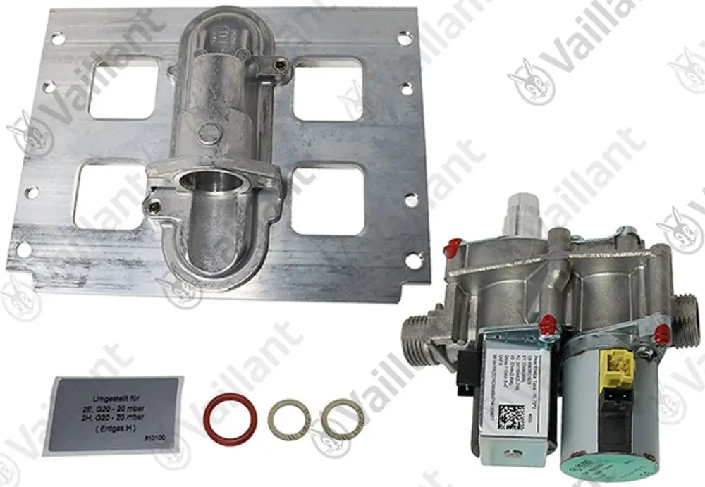 Vaillant Umstellsatz bestehend aus einer metallischen Halterung, einem Gasventil und Dichtungen, geeignet für spezifische Heizungsmodelle.